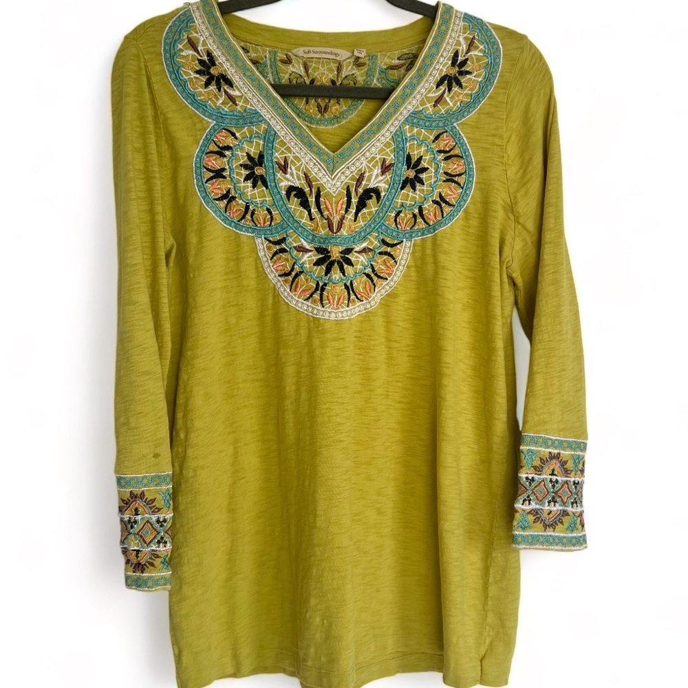 Soft Surroundings Sunrise Tunic Top Blouse Green Women's Medium Embroidered